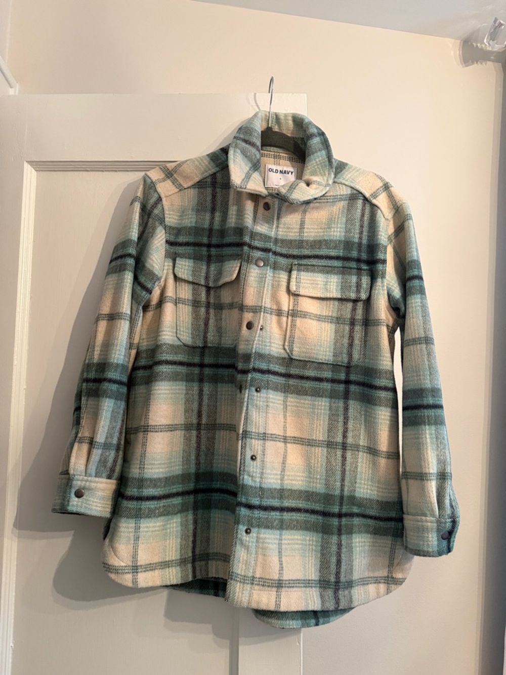 Old Navy Women’s  Plaid Button-Down Shirt Jacket - Cream & Teal